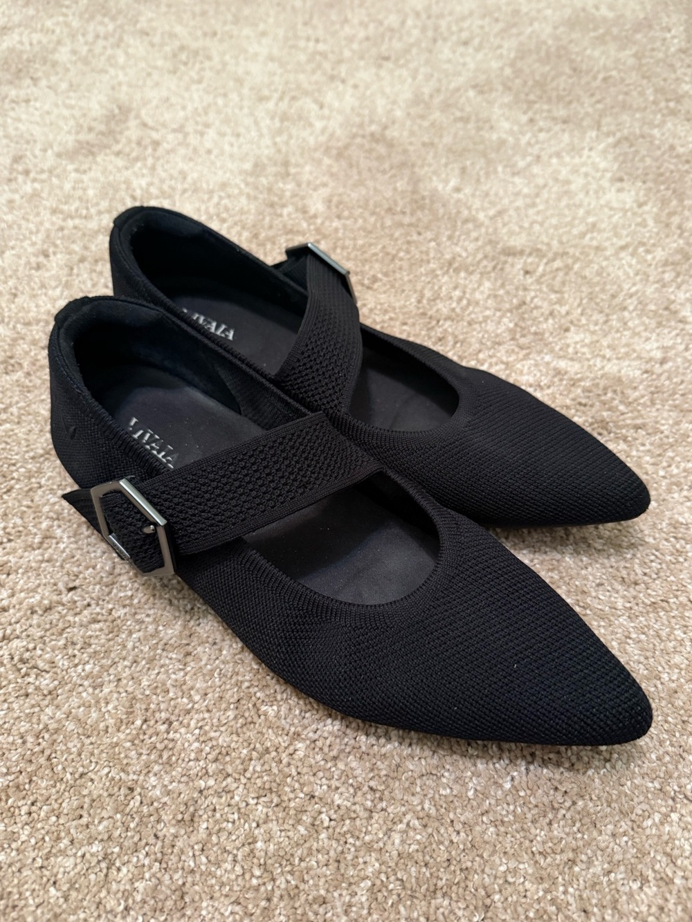 Vivaia Black Pointed Knit Mary Jane Flats